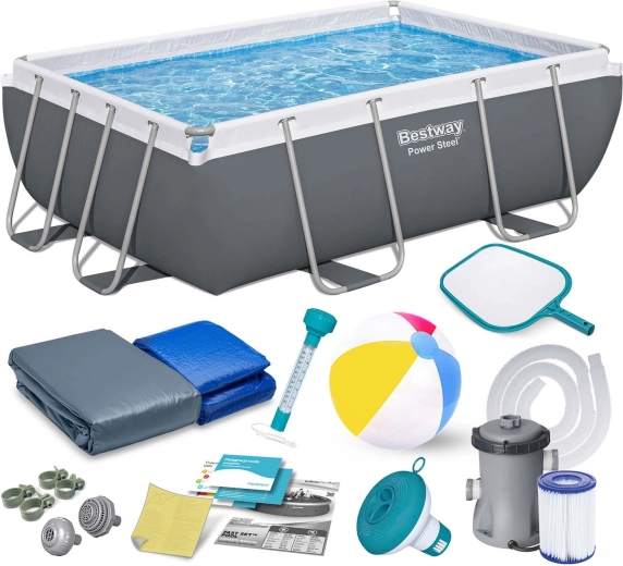 Prostokątny ogrodowy basen z metalowym stelażem 282 × 196 × 84 cm zestaw 16w1 BESTWAY