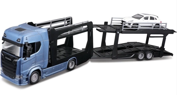 Bburago Street Fire ciężarówka Scania 770S z naczepą i Porsche Macan 1:43