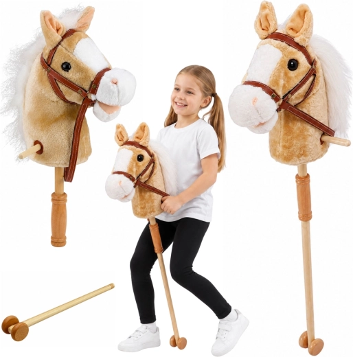 Hobby horse na kiju z kółkami i dźwiękami, beżowy 100 cm