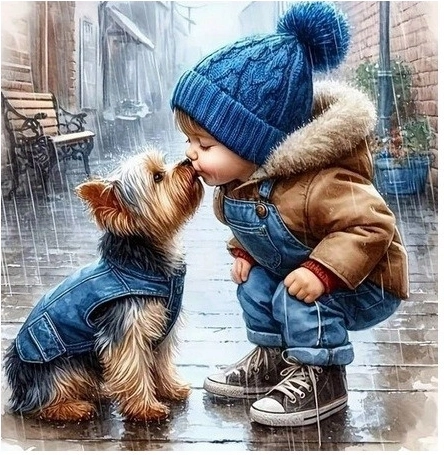 Mozaika diamentowa Chłopiec i piesek York, Pocałunek w deszczu