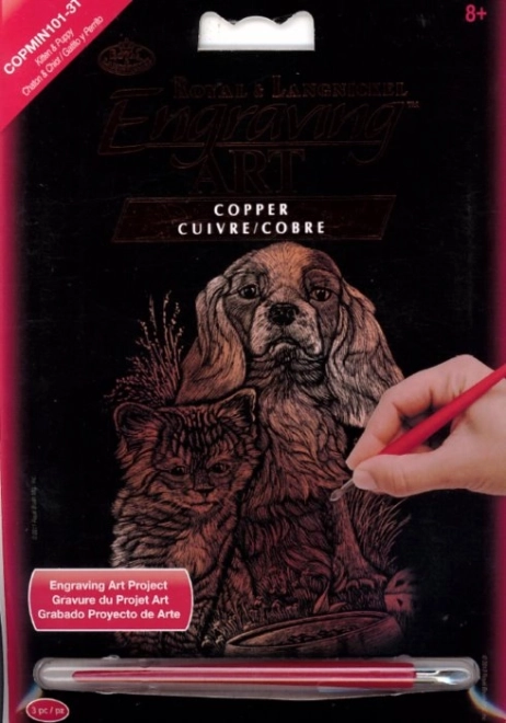 Miedziany obrazek do skrobania pies i kot