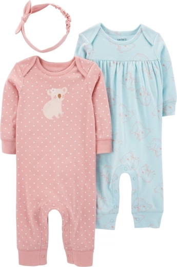 Carter’s dziewczęcy 3‑częściowy zestaw: 2 rampersy i opaska Pink & Mint, rozm. 56