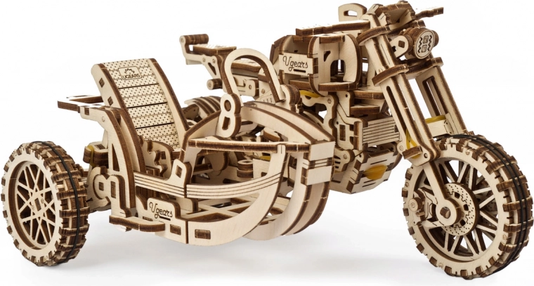 Ugears puzzle 3D motocykl z wózkiem bocznym – mechaniczny drewniany model