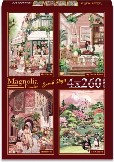 Puzzle Magnolia: kwiaciarnia, mój pokój, Marrakesz i ogród herbaciany 4×260 elementów