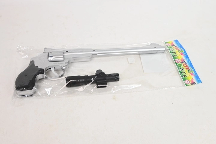 Dziecięcy długi pistolet na kapiszony, srebrny, z lunetą