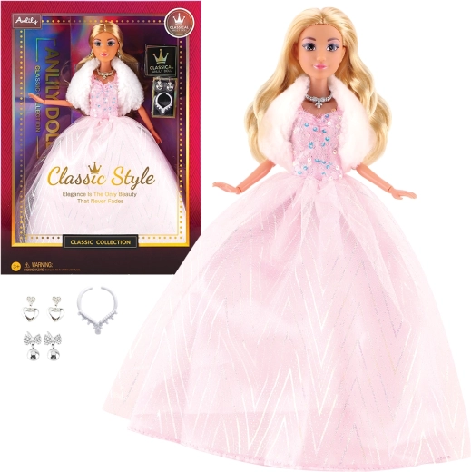 Modna lalka w eleganckiej, jasnoróżowej sukni wieczorowej