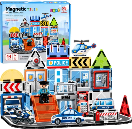 Magnetyczne klocki konstrukcyjne posterunek policji z pojazdami 44 elementy