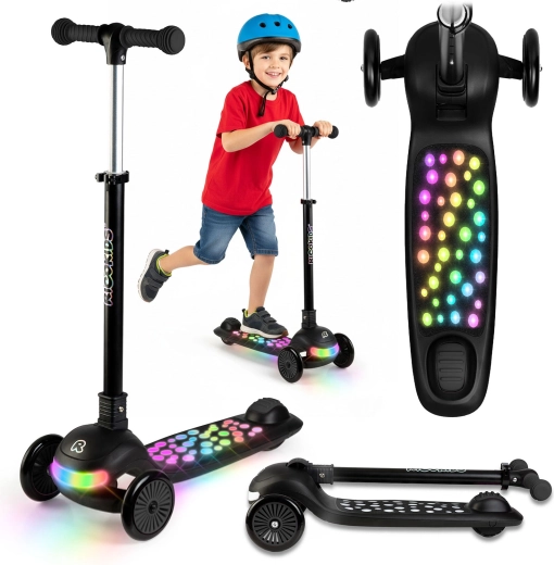 Dziecięca trójkołowa hulajnoga balansowa z podświetleniem LED Ricokids Glowi – czarna