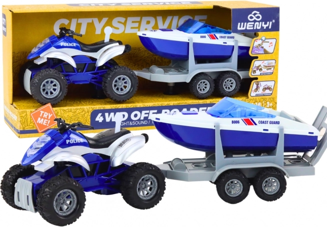 Policyjny quad z przyczepą i motorówką