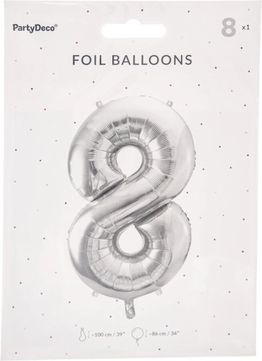 Srebrny foliowy balon cyfra 8, 86 cm