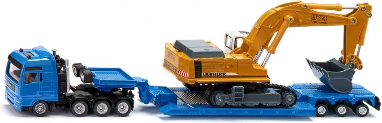 Ciężarówka z niskopodwoziową przyczepą i koparką gąsienicową 1:87