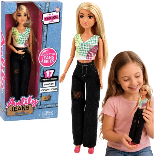 Modna lalka Anlily w czarnych dżinsach z kolorowym topem, 30 cm