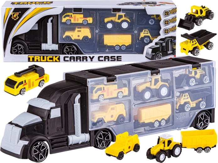 Czarny samochód ciężarowy – transporter z otwieraną przyczepą i mini pojazdami budowlanymi 6 w 1
