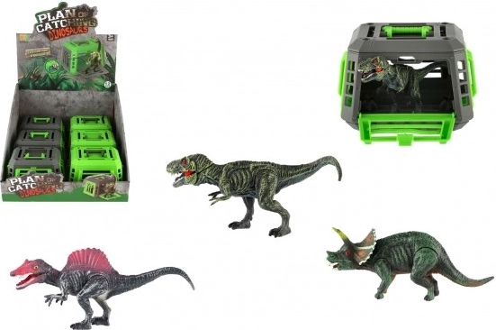 Dinozaur w przenośnej klatce – plastikowa zabawka 13 × 9 cm, mix gatunków, pudełko 12 szt.