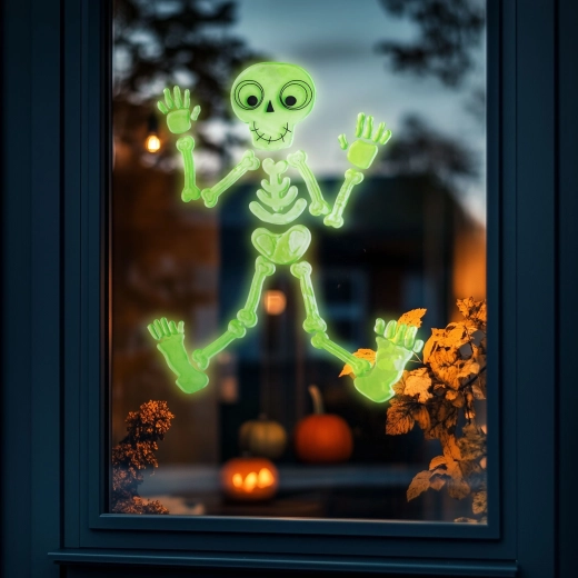 Fosforescencyjna dekoracja okienna na Halloween – szkielet, 24 × 15 cm