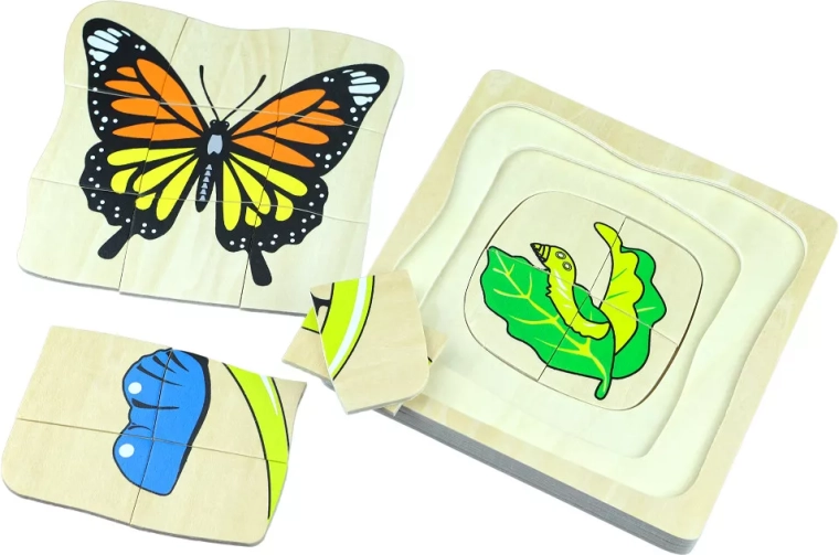 Cykl życia motyla – drewniane wielowarstwowe puzzle Montessori