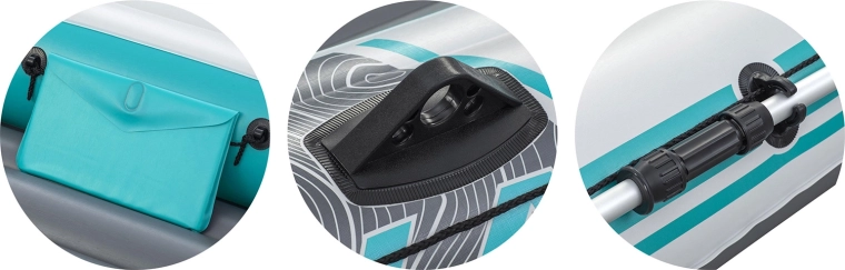 Pełne wyposażenie: wiosła, pompka i przestrzeń na drobiazgi