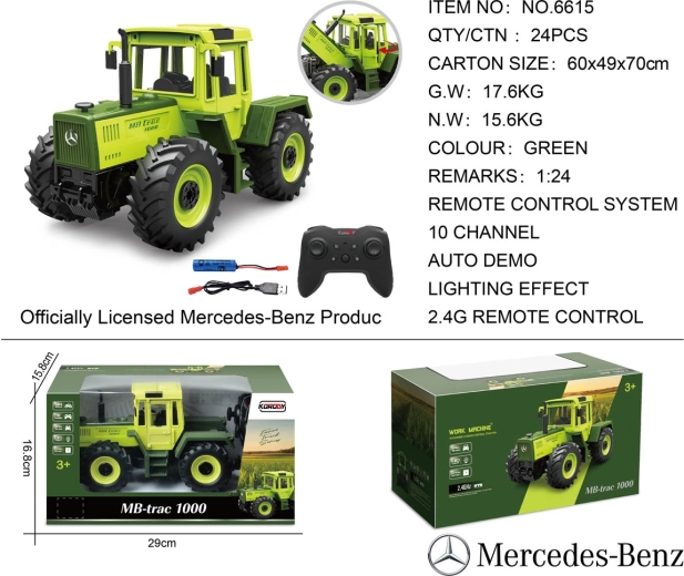 Zdalnie sterowany zielony traktor Mercedes-Benz 1:24