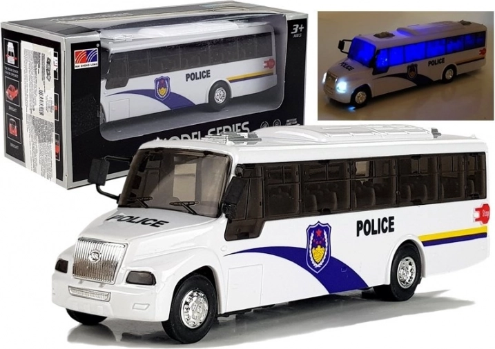 Policyjny autobus ze światłami i dźwiękami – biały metalowy model 21 cm