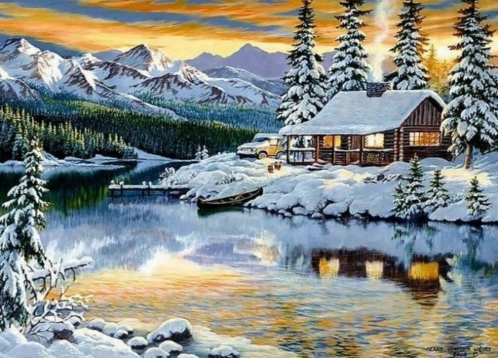 Norimpex Malowanie po numerach Zaśnieżona chata nad jeziorem 40 × 50 cm