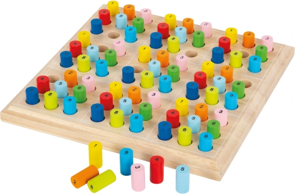 Drewniane sudoku z kolorowymi wałeczkami