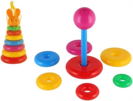 Plastikowa piramida do układania z kolorowymi kółkami 24 cm, w siatce, od 12 miesięcy