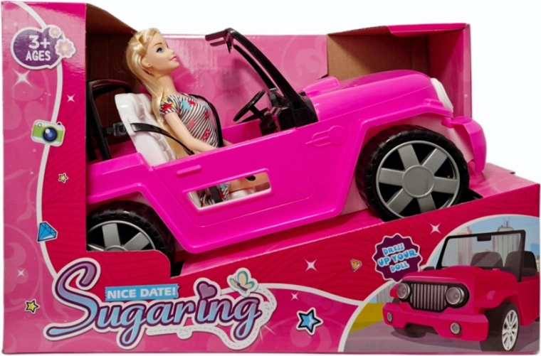 Auto dla lalki z lalką – kabriolet w ciemnoróżowym kolorze