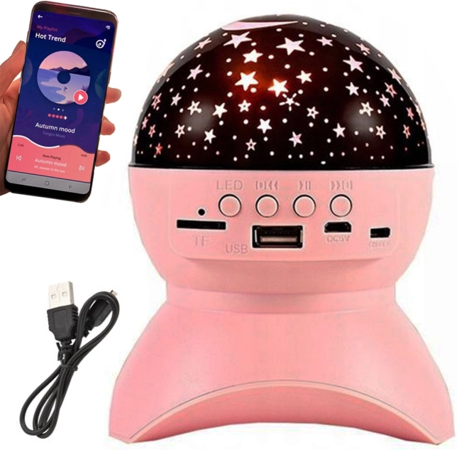 Projektor gwiezdny i lampka nocna z głośnikiem Bluetooth, USB i LED – różowa