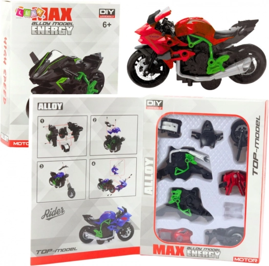 Motocykl do samodzielnego złożenia 1:14 zielono‑czerwony DIY metalowy model