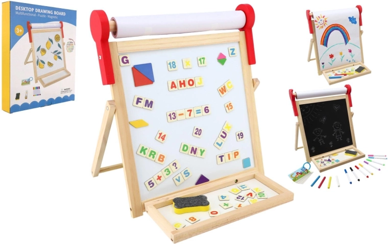 Dwustronna magnetyczna tablica dziecięca z drewna 33 × 33 cm z rolką papieru i dodatkami