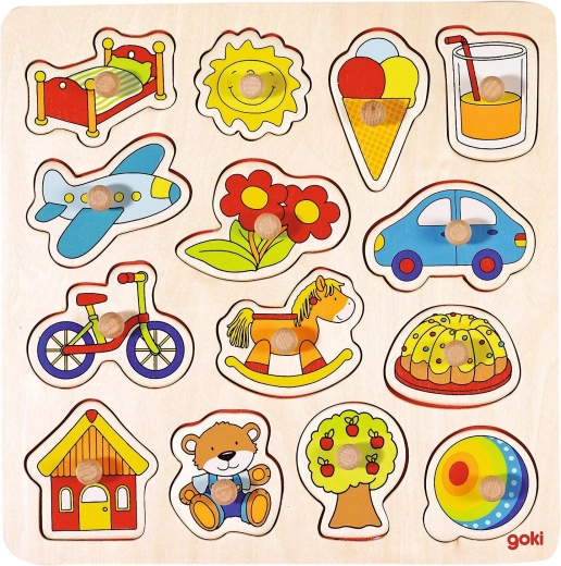 Drewniane puzzle wtykane z uchwytami – konik na biegunach, piłka i inne - 1 sztuka