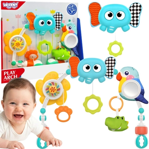 Woopie baby łuk sensoryczny z zabawkami do łóżeczka i wózka – słoń i papuga