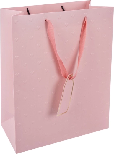 Różowa papierowa torba prezentowa z serduszkami 26 × 12 × 32 cm