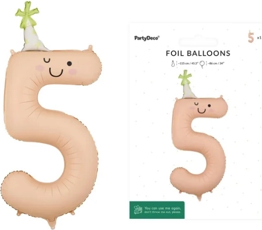 Balon foliowy cyfra 5 brzoskwiniowy z buźką 86 cm