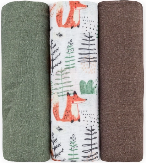 Bambusowe pieluszki muślinowe Petite&Mars Moussy Forest Fox, 3 szt., 68 × 68 cm