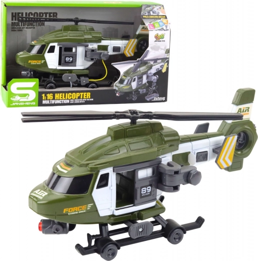 Wojskowy helikopter 1:16 ze światłami, dźwiękami i hakiem z noszami