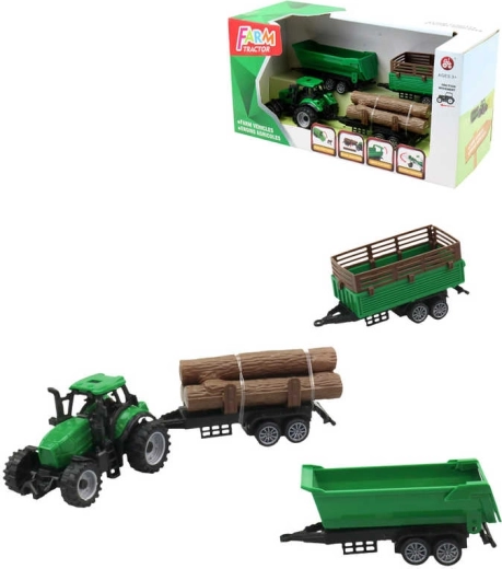 Zielony traktor z 3 przyczepami i kłodami drewna – zestaw do zabawy