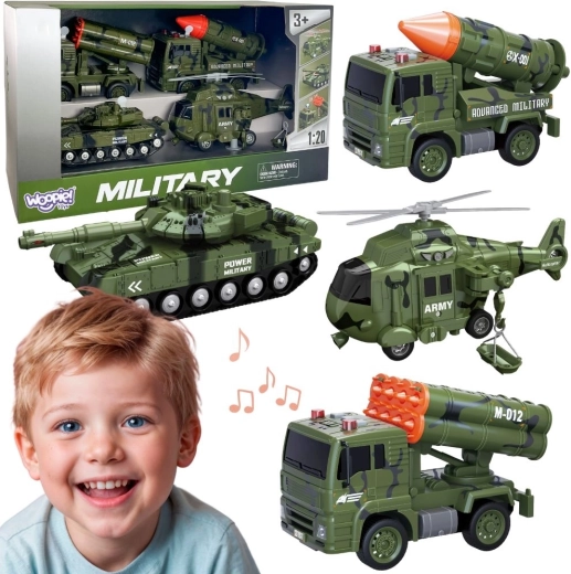 WOOPIE zestaw pojazdów wojskowych z wyrzutniami rakiet, czołgiem i helikopterem, 4 szt., skala 1:20