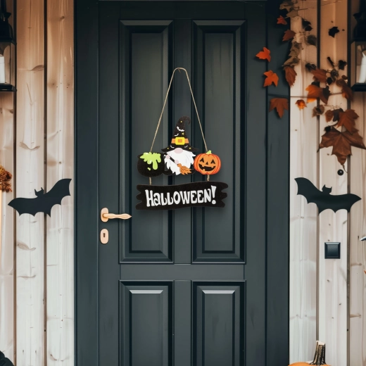 Halloweenowa drewniana dekoracja wisząca z krasnalem i dynią