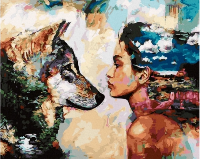 Obraz do malowania według numerów 50 × 40 cm Widok – wilk i kobieta