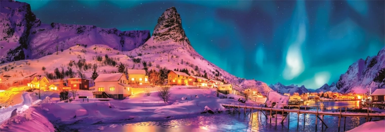 Panoramiczne puzzle 1000 elementów – Kolorowa noc, wyspa Lofoty