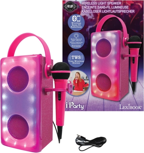Różowy karaoke głośnik Bluetooth z mikrofonem LEXIBOOK iParty z efektami świetlnymi