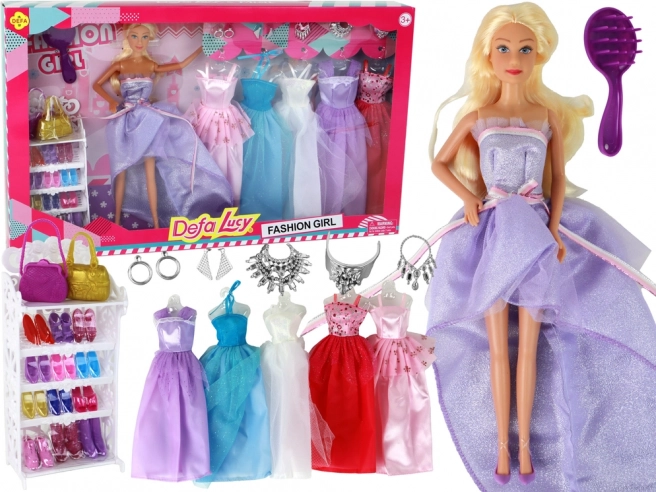 Modna lalka 30 cm z długimi blond włosami – garderoba, buty i dodatki