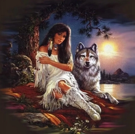 Malowanie po numerach Indianka z wilkiem 40 × 50 cm