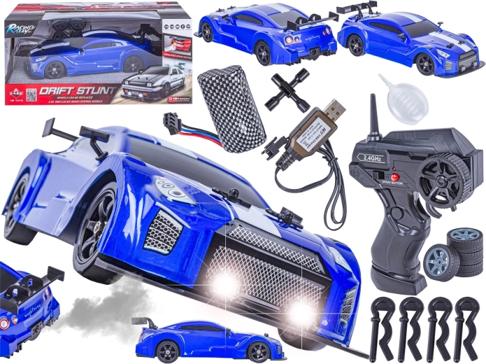 Samochód RC do driftu 1:16 Nissan GTR 4WD 2,4 GHz z efektem dymu i światłami LED
