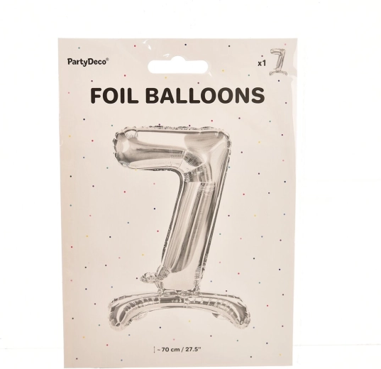 Srebrny stojący foliowy balon cyfra 7 (70 cm)