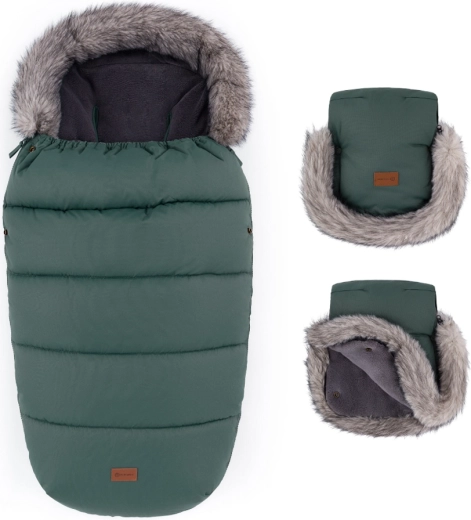Petite&Mars zestaw: zimowy śpiworek Comfy 4w1 i rękawice do wózka Furry veritable khaki
