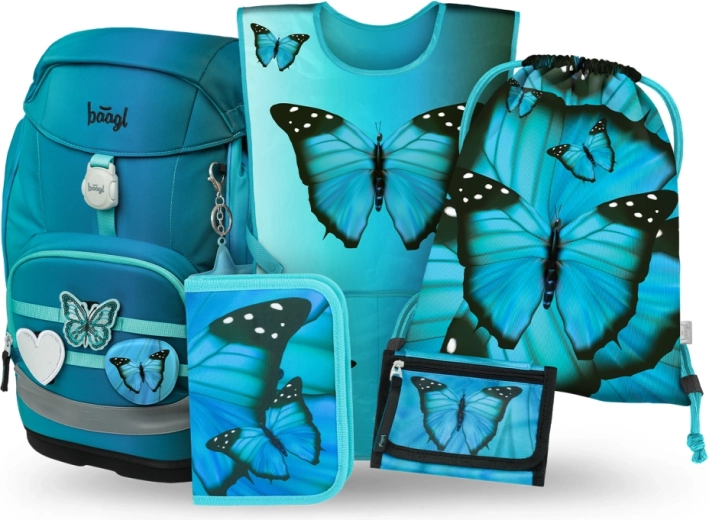 Baagl szkolny zestaw 5w1 Airy Plus Butterfly – plecak, piórnik, worek, portfelik i kamizelka odblaskowa