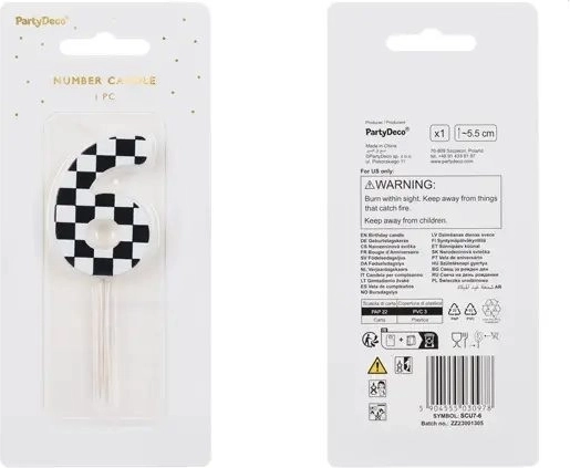 Świeczka urodzinowa w kształcie cyfry 6, szachownica, 5,5 cm