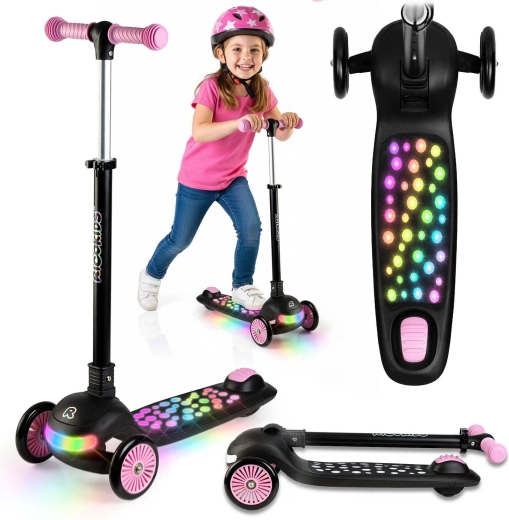 Dziecięca trójkołowa hulajnoga balansowa z podświetleniem LED Ricokids Glowi – czarno‑różowa